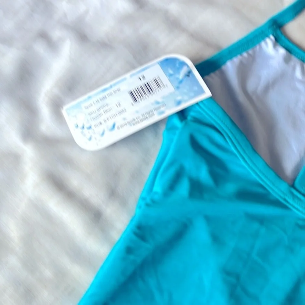 Girls Aqua Blue One-Piece Swimsuit with Cross-Back Straps in size 12